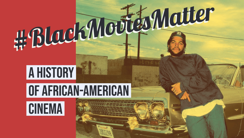 A presentation slide that reads '#BlackMoviesMatter' with an image of a man leaning against an old-school car
